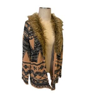 Charlotte Russe Women’s Aztec Knit Cardigan Faux Fur Collar Tan Black L